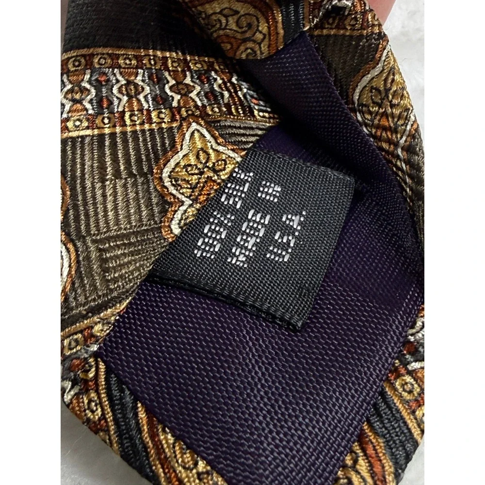 Pierre Balmain Mens Extra Long Silk Tie Grey Gold Geometric Medallion USA Made‎